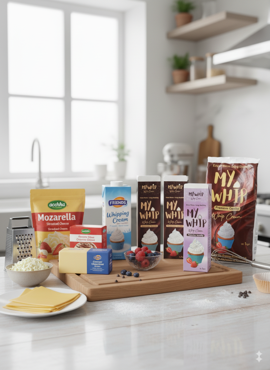 Whipping Cream Collection – premium creams for cakes, desserts, and coffee at Nameer Store & Baking Mart.