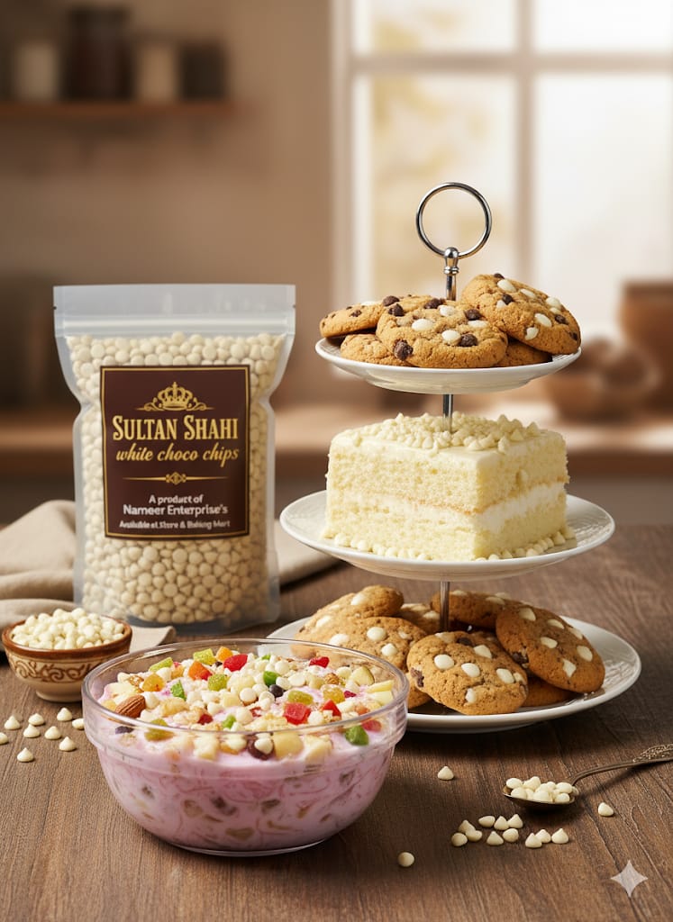 1kg Pouch White Chocolate Chips by Nameer Store & Baking Mart. Smooth, rich baking chips perfect for cake icing, cookies, brownies, and desserts.