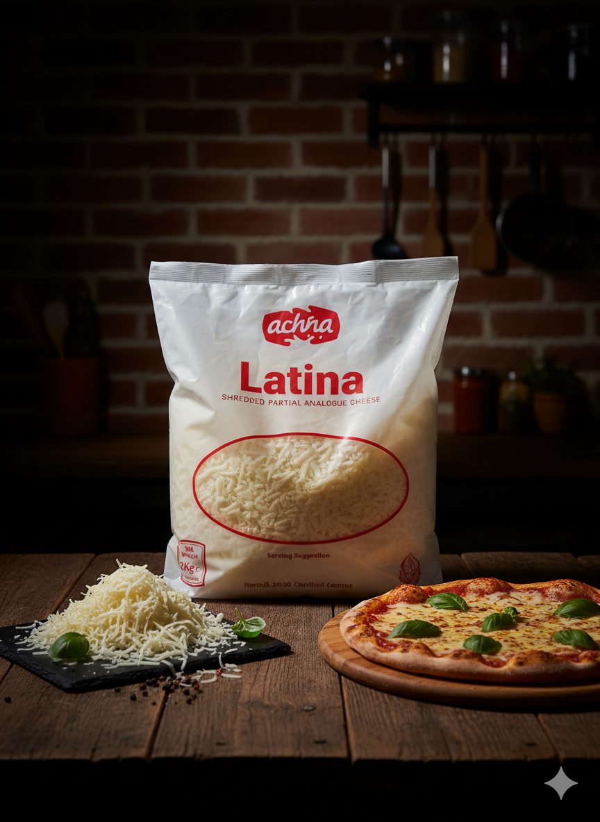 2kg Latina Shredded Partial Analogue Cheese by Nameer Store & Baking Mart. Ready-to-use pre-shredded cheese ideal for pizzas, pasta, burgers, sandwiches, and baked dishes.