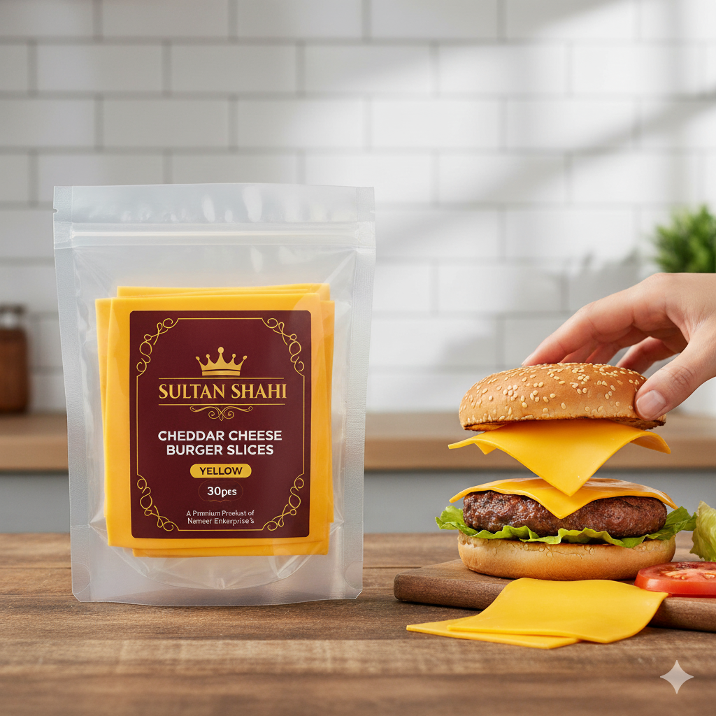 Burger Cheese Slices Yellow – rich cheddar-flavored full-fat cheese slices perfect for burgers, sandwiches, and snacks by Nameer Store.
