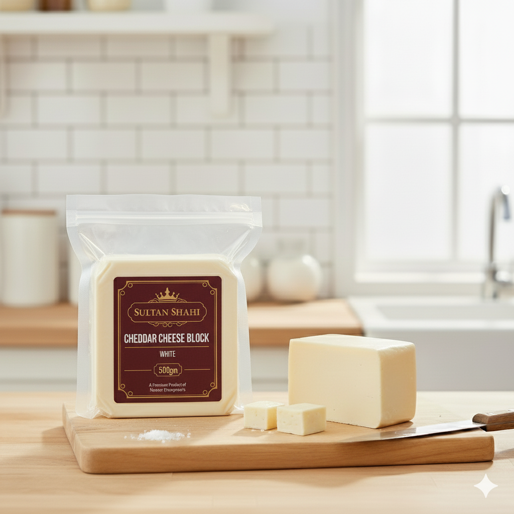Cheddar Cheese Block by Nameer Store – rich, full-fat cheese perfect for slicing, shredding, melting, and cooking.