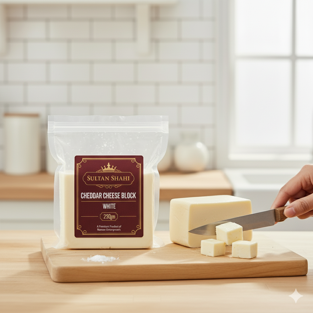 Cheddar Cheese Block by Nameer Store – rich, full-fat cheese perfect for slicing, shredding, melting, and cooking.