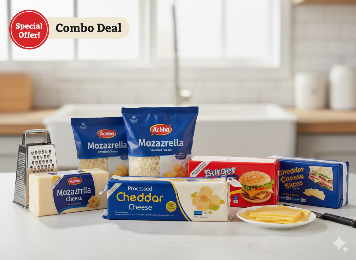 Chezzy Deal 1 – Mixed Cheese Lovers Combo by Nameer Store & Baking Mart. Includes burger slices, cheddar cheese, mozzarella block, white cheese slices, and pizza shredded cheese in one value pack.