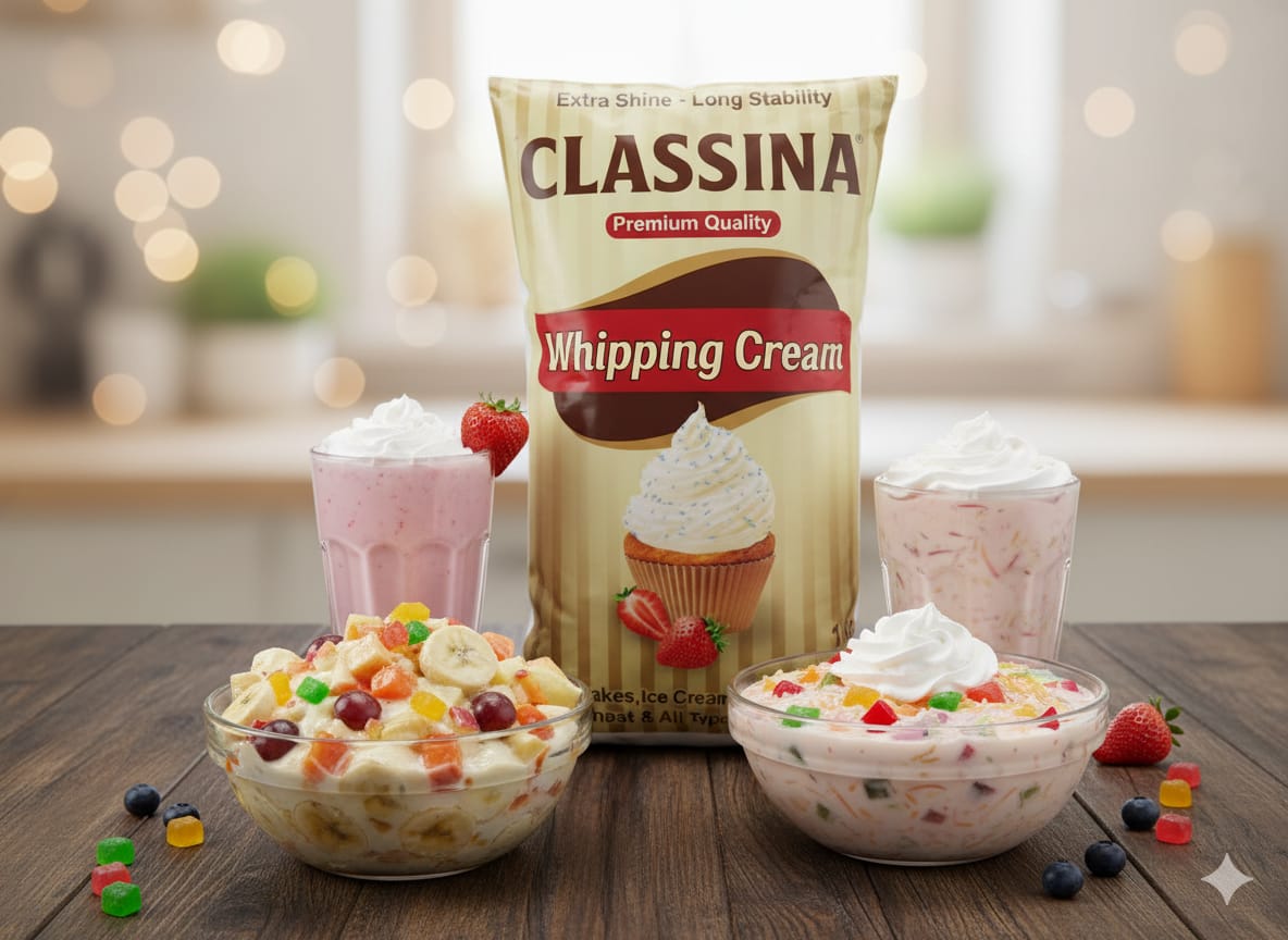 Classina Whipping Cream by Nameer Store & Baking Mart. Smooth, rich cream perfect for fruit chaat, Lab-e-Shireen, milkshakes, and desserts.