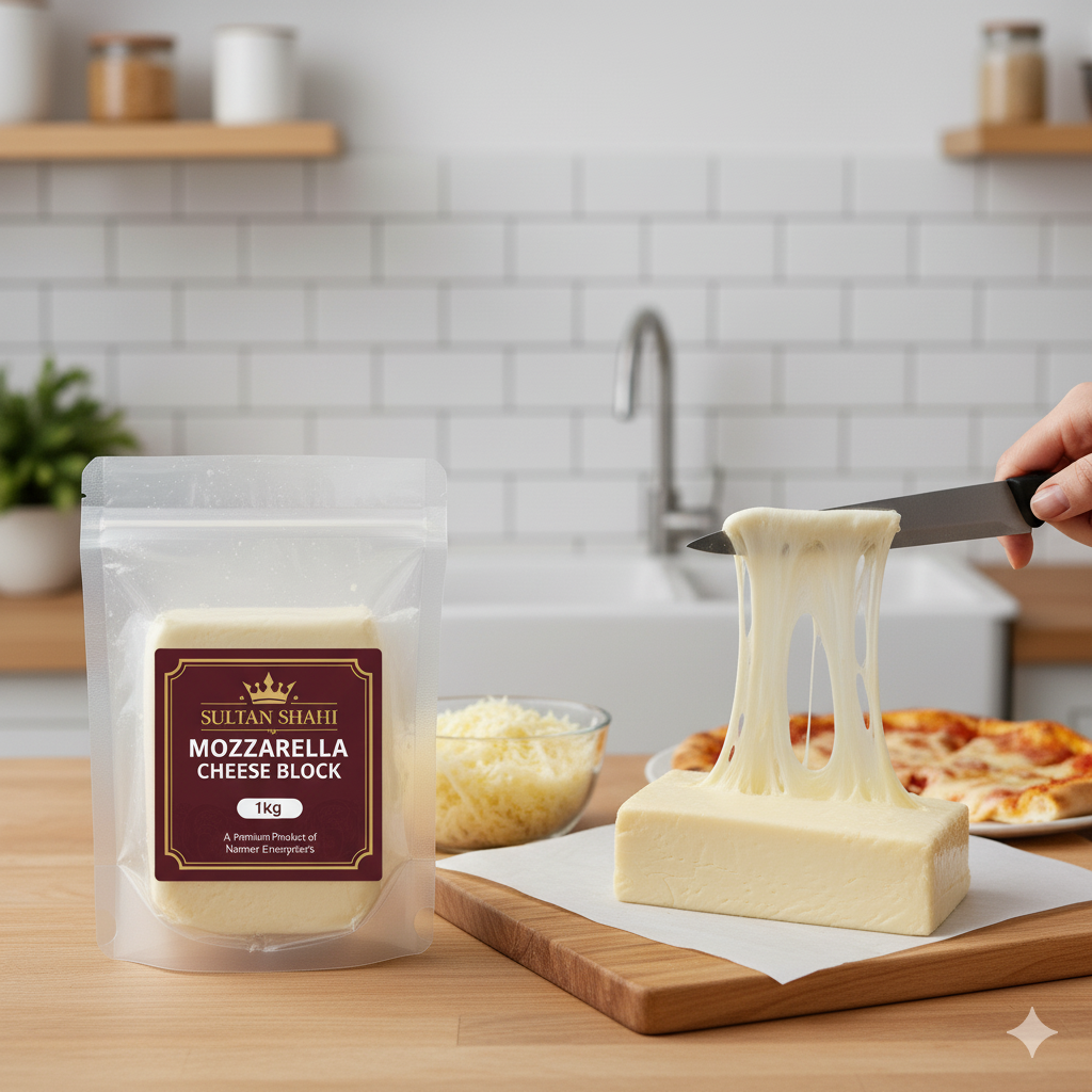 Mozzarella Cheese Block by Nameer Store & Baking Mart – fresh and creamy dairy cheese perfect for pizzas, burgers, pasta, and baking.