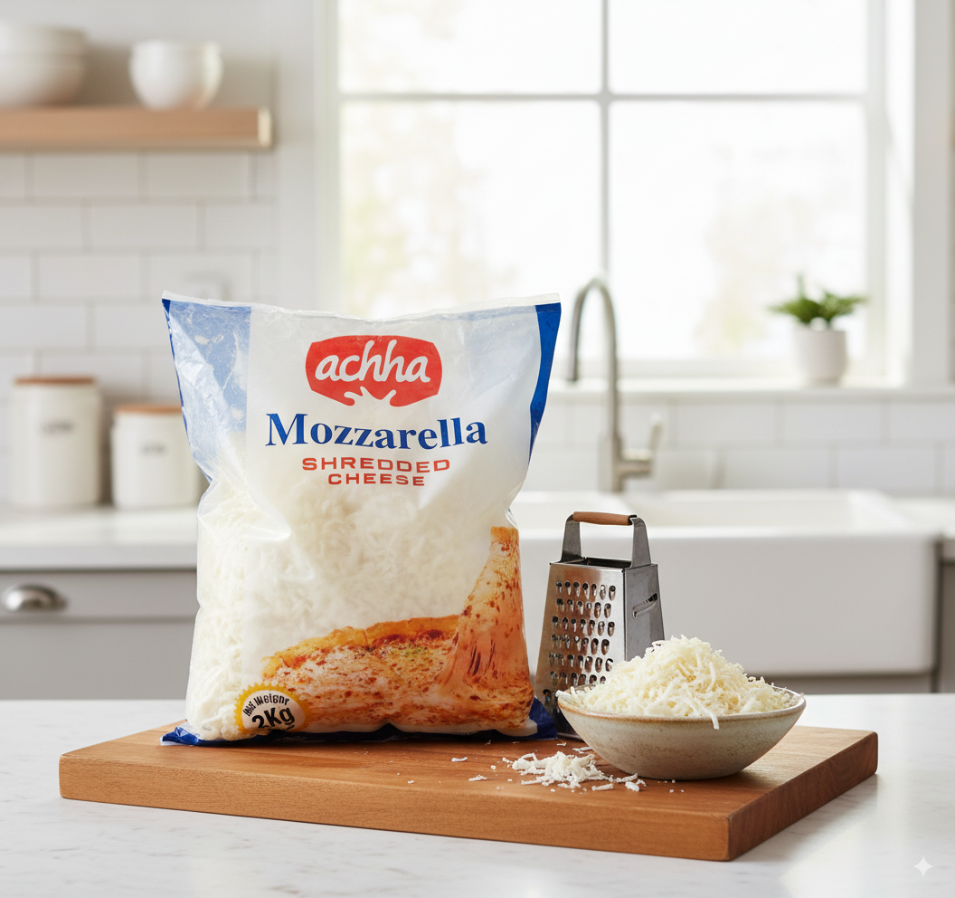 Mozzarella Shredded Cheese 2kg by Nameer Store – pre-shredded, creamy cheese perfect for pizza, pasta, burgers, and baked dishes.