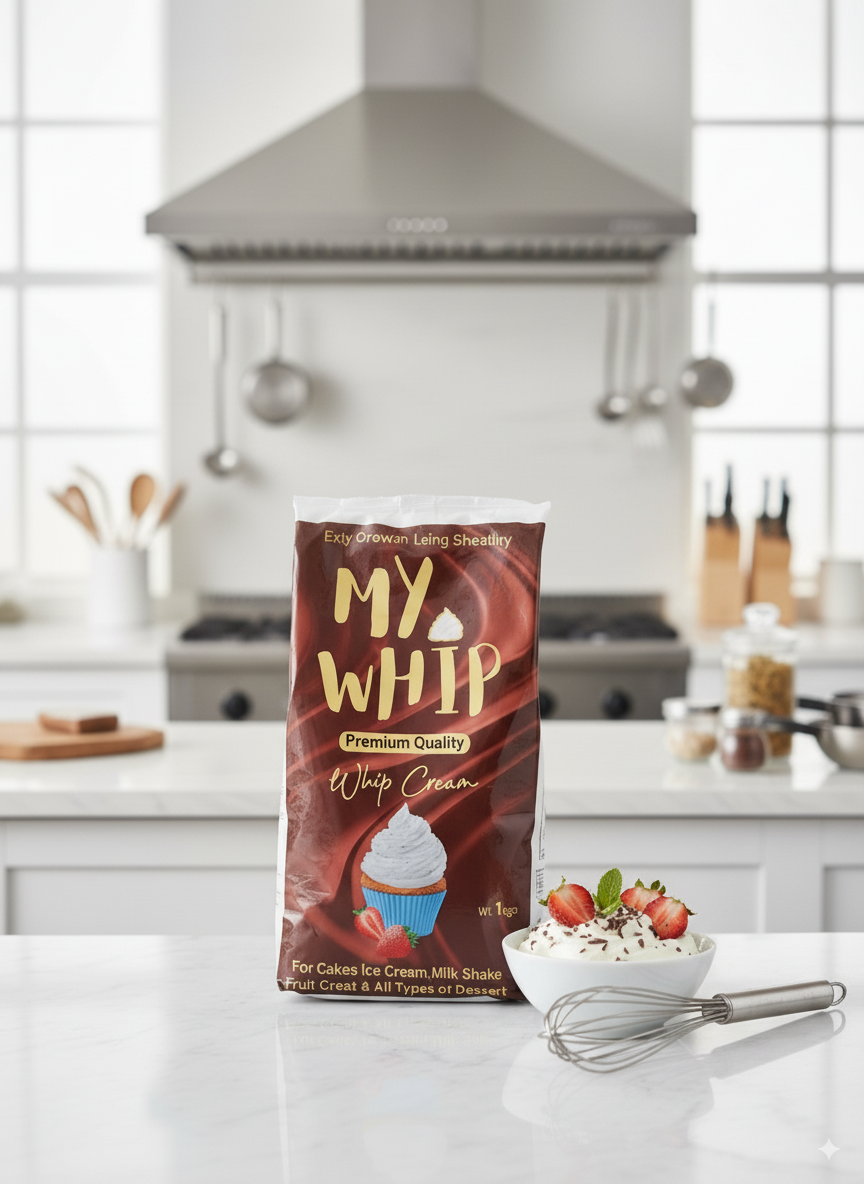 My Whip Cream 1kg Pouch – smooth and fluffy whipping cream for cakes, pastries, mousses, and desserts by Nameer Store & Baking Mart.