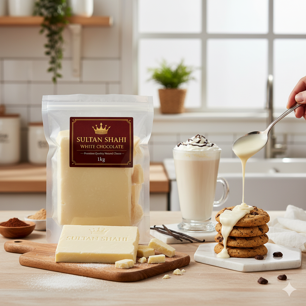 Regular White Chocolate Bar Slab by Nameer Store & Baking Mart. Premium baking and decoration chocolate perfect for ganache, cake coating, truffles, and desserts.