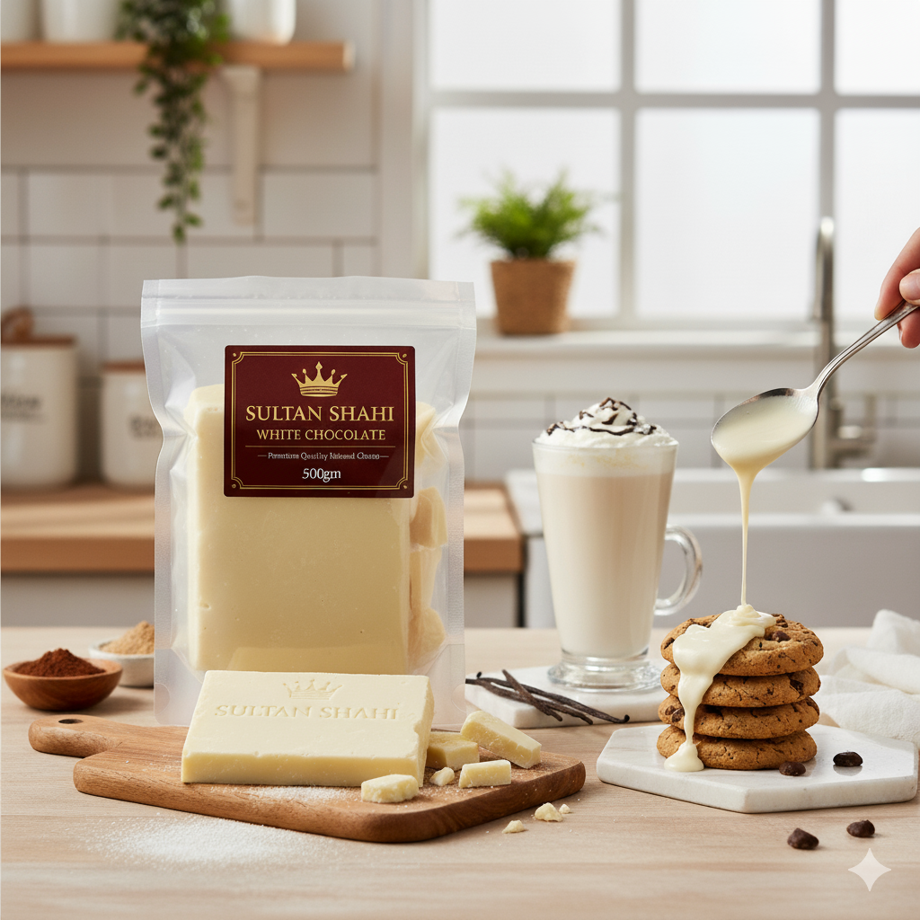 Regular White Chocolate Bar Slab by Nameer Store & Baking Mart. Premium baking and decoration chocolate perfect for ganache, cake coating, truffles, and desserts.
