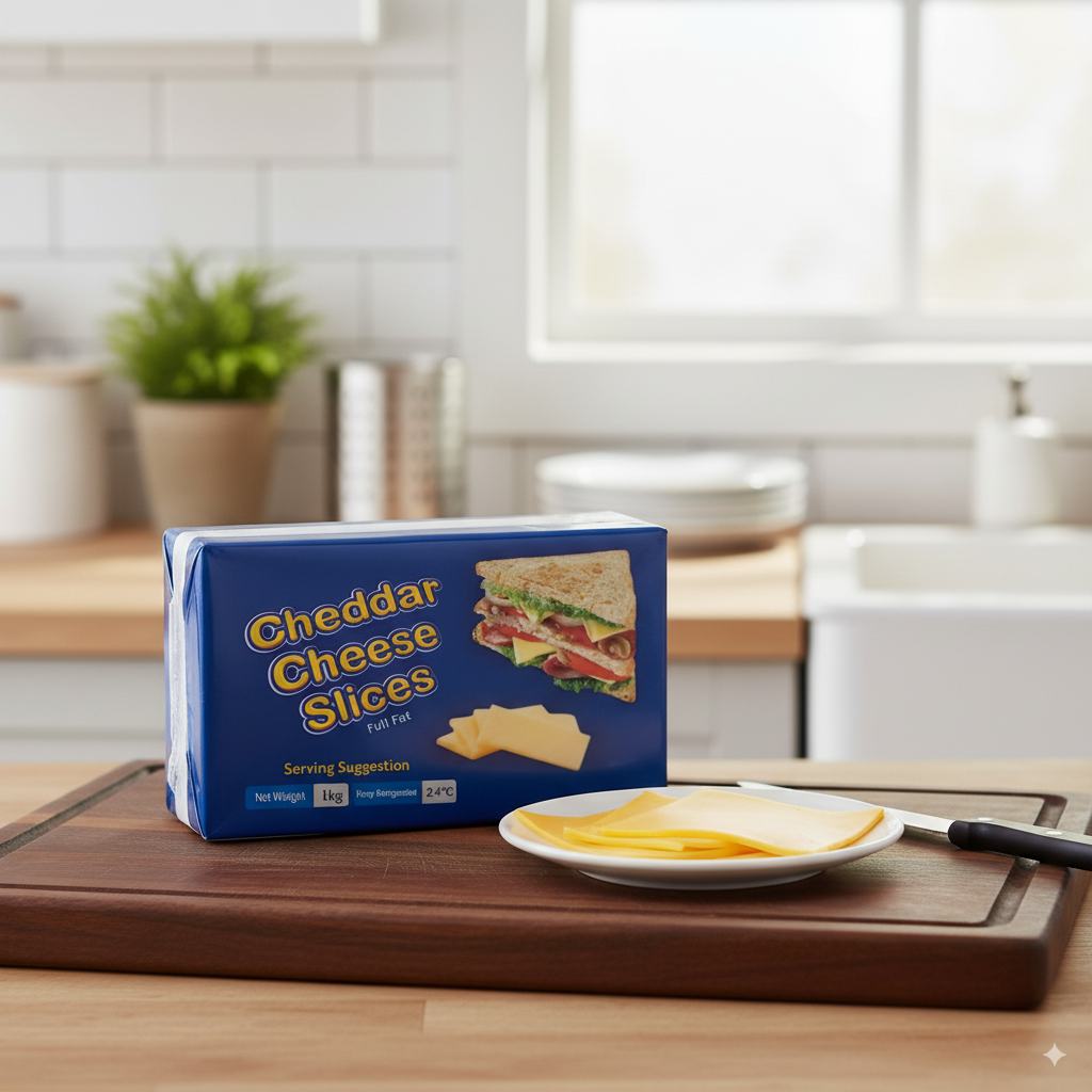 White Sandwich Cheese Slices – creamy, smooth cheese ideal for sandwiches, burgers, and snacks by Nameer Store.