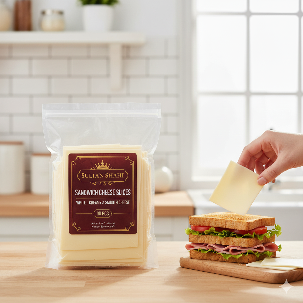 White Sandwich Cheese Slices – creamy, smooth cheese ideal for sandwiches, burgers, and snacks by Nameer Store.