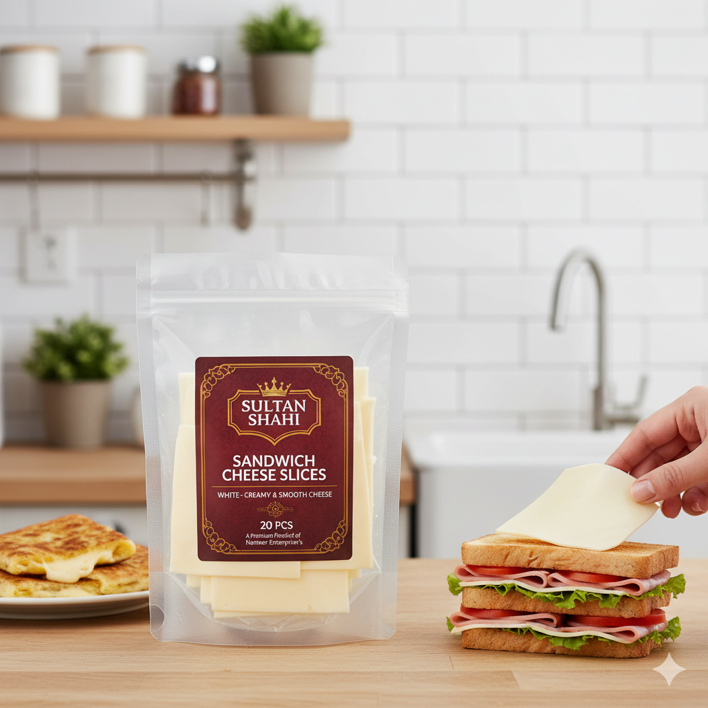 White Sandwich Cheese Slices – creamy, smooth cheese ideal for sandwiches, burgers, and snacks by Nameer Store.