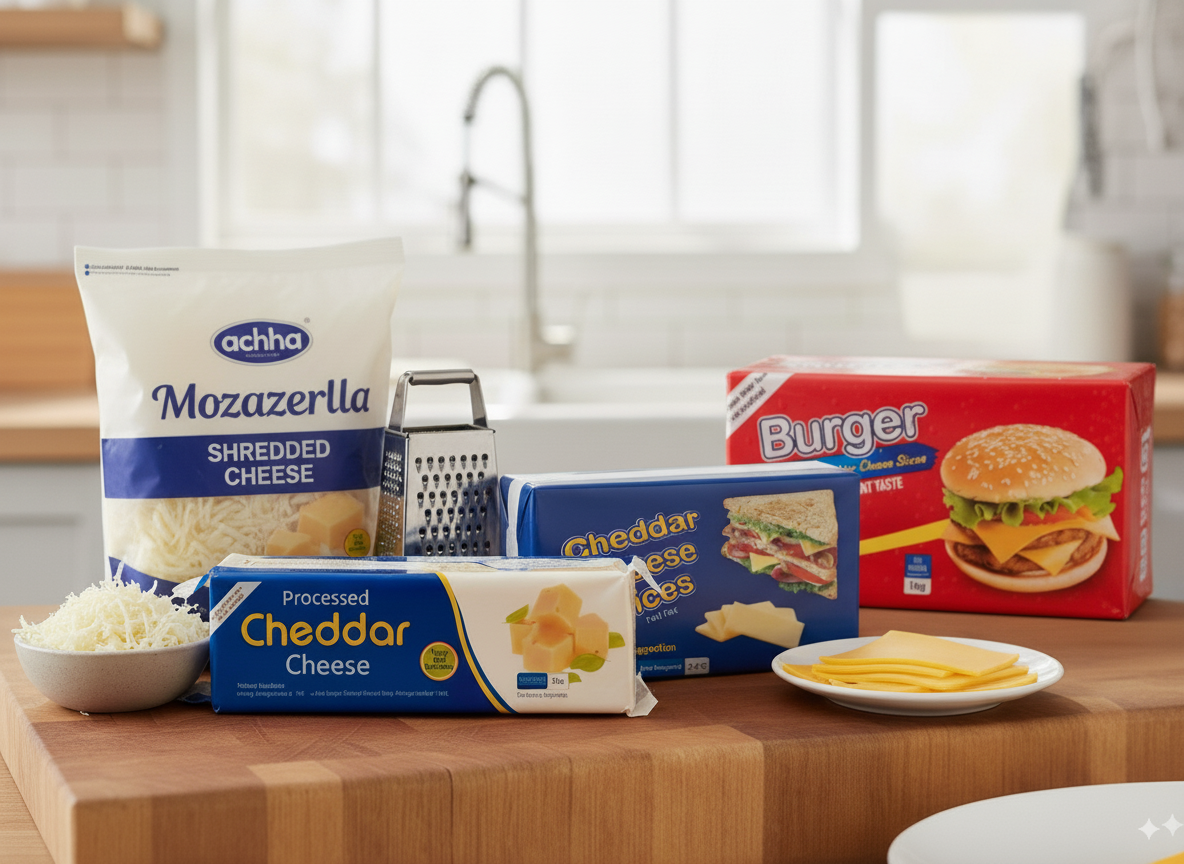 Premium cheese collection – cheddar, mozzarella, and burger cheese slices from Nameer Store & Baking Mart.