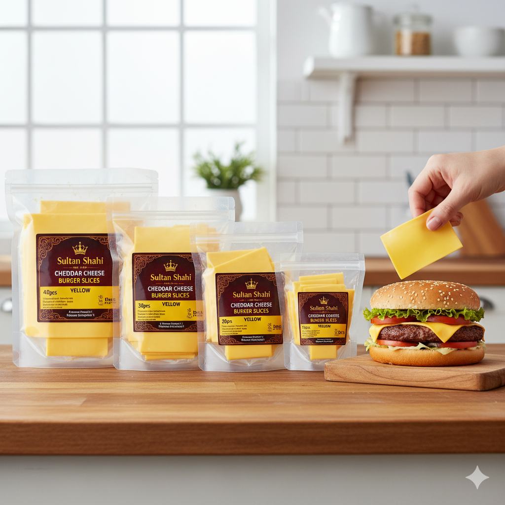 Burger Cheese Slices Yellow – rich cheddar-flavored full-fat cheese slices perfect for burgers, sandwiches, and snacks by Nameer Store.