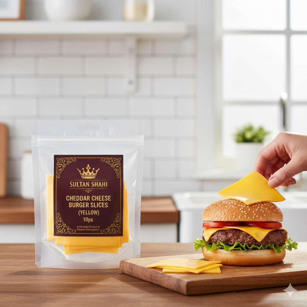 Burger Cheese Slices Yellow – rich cheddar-flavored full-fat cheese slices perfect for burgers, sandwiches, and snacks by Nameer Store.