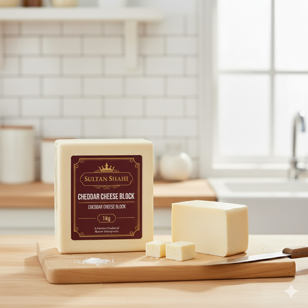 Cheddar Cheese Block by Nameer Store – rich, full-fat cheese perfect for slicing, shredding, melting, and cooking.