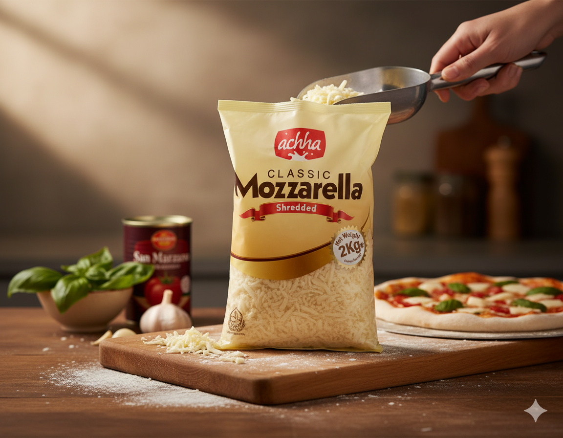 Classic Mozzarella Shredded Cheese 2kg Pack by Nameer Store & Baking Mart – creamy mozzarella with perfect stretch and melt, ideal for pizzas, burgers, pasta, and baked dishes.