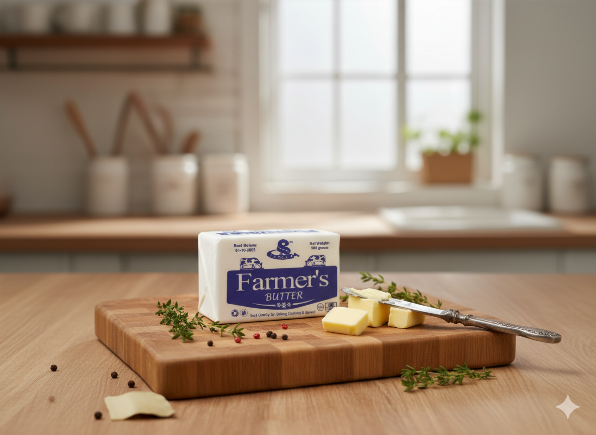 Fancy Farmer’s Butter – Premium Natural Dairy Butter Block by Nameer Store & Baking Mart. Smooth, creamy butter made from pure dairy cream, perfect for cooking, baking, and spreading.