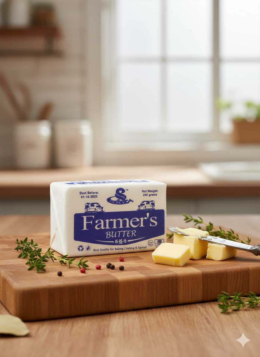 Fancy Farmer’s Butter – Premium Natural Dairy Butter Block by Nameer Store & Baking Mart. Smooth, creamy butter made from pure dairy cream, perfect for cooking, baking, and spreading.