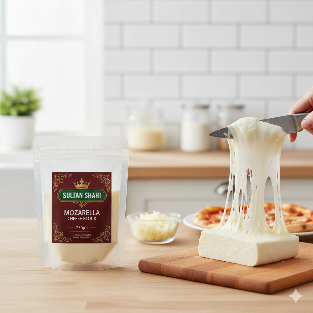 Mozzarella Cheese Block by Nameer Store & Baking Mart – fresh and creamy dairy cheese perfect for pizzas, burgers, pasta, and baking.