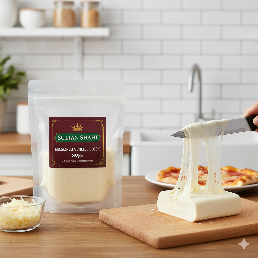 Mozzarella Cheese Block by Nameer Store & Baking Mart – fresh and creamy dairy cheese perfect for pizzas, burgers, pasta, and baking.