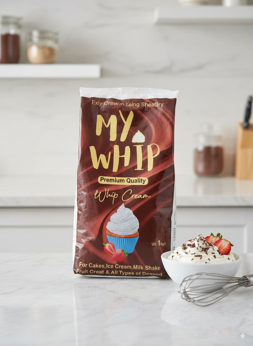 My Whip Cream 1kg Pouch – smooth and fluffy whipping cream for cakes, pastries, mousses, and desserts by Nameer Store & Baking Mart.