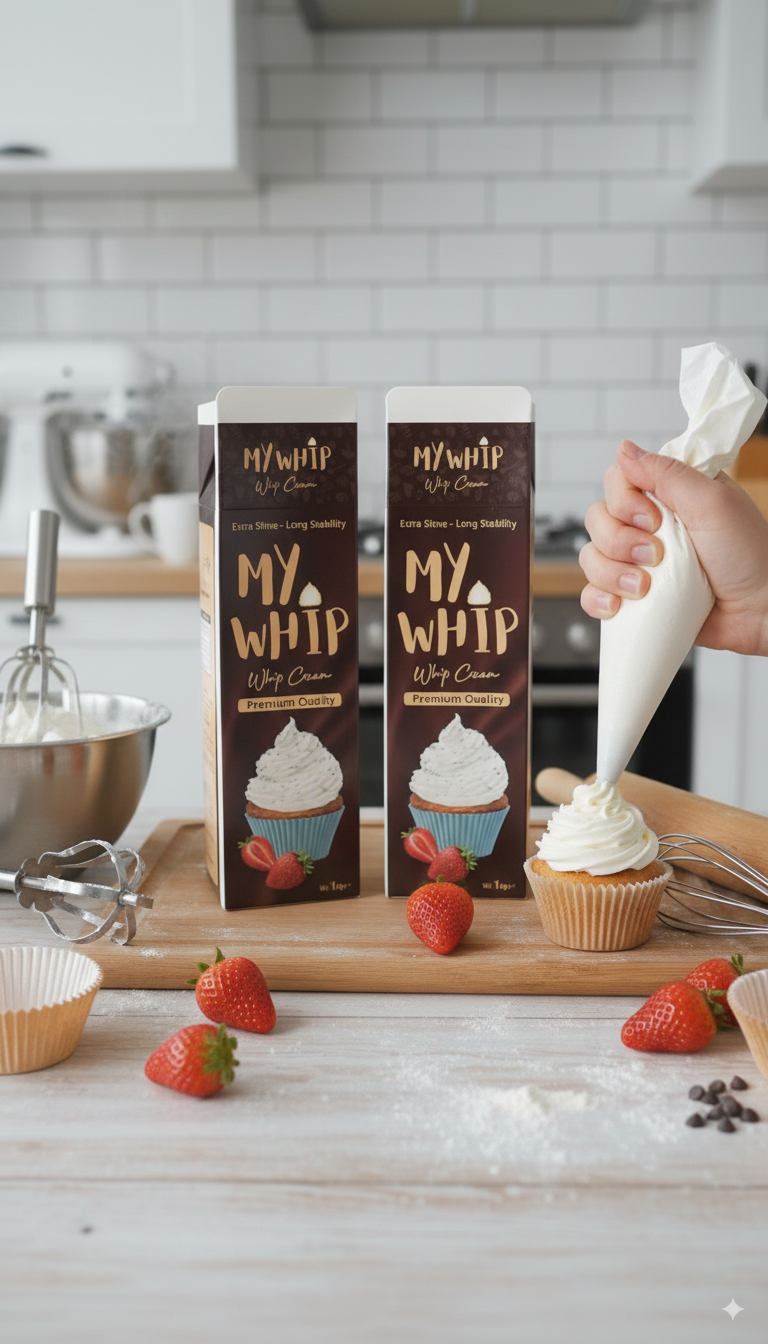 My Whip Cream 1kg – smooth, fluffy whipping cream ideal for cakes, pastries, mousses, and desserts by Nameer Store & Baking Mart.