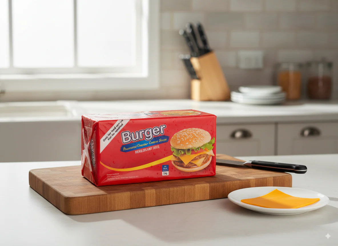 Burger Cheese Slices Yellow – rich cheddar-flavored full-fat cheese slices perfect for burgers, sandwiches, and snacks by Nameer Store.