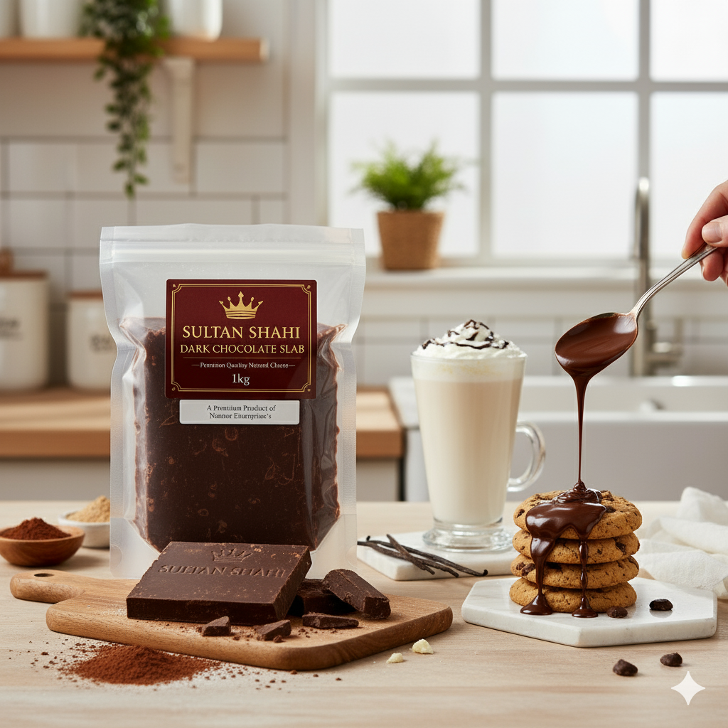 Regular Dark Chocolate Bar Slab by Nameer Store & Baking Mart. Premium baking and decoration chocolate ideal for ganache, brownies, truffles, and cake coating with rich flavor and smooth melt.