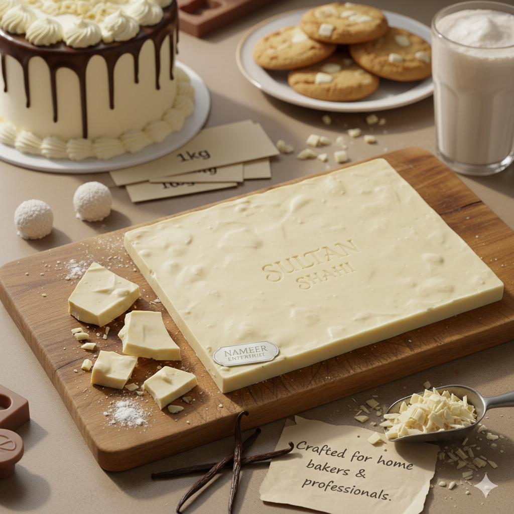 Regular White Chocolate Bar Slab by Nameer Store & Baking Mart. Premium baking and decoration chocolate perfect for ganache, cake coating, truffles, and desserts.