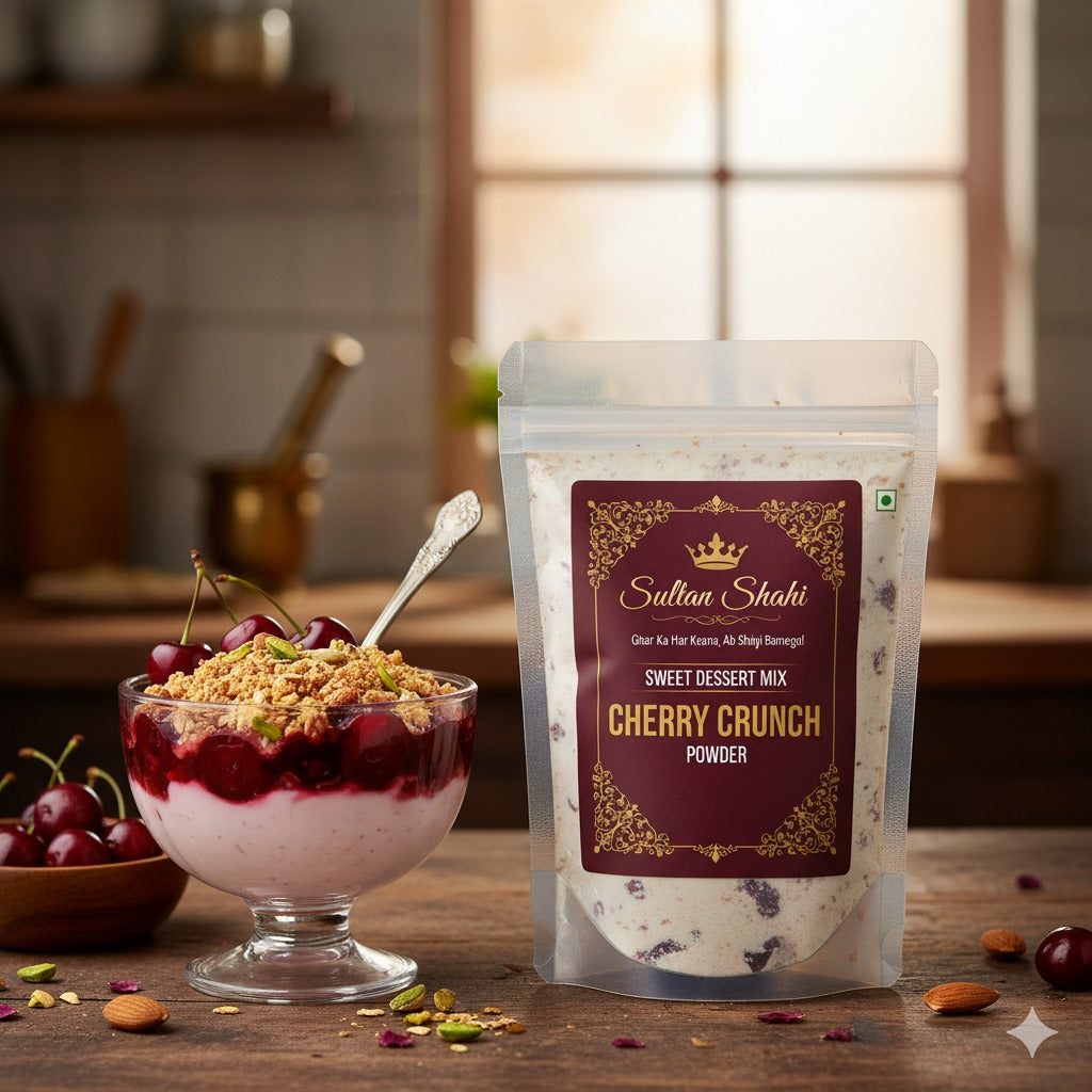 Sultan Shahi Sweet Dessert Mix – Cherry Crunch Powder by Nameer Store & Baking Mart. Fruity and crunchy mix for easy parfaits, crumbles, and quick homemade desserts.