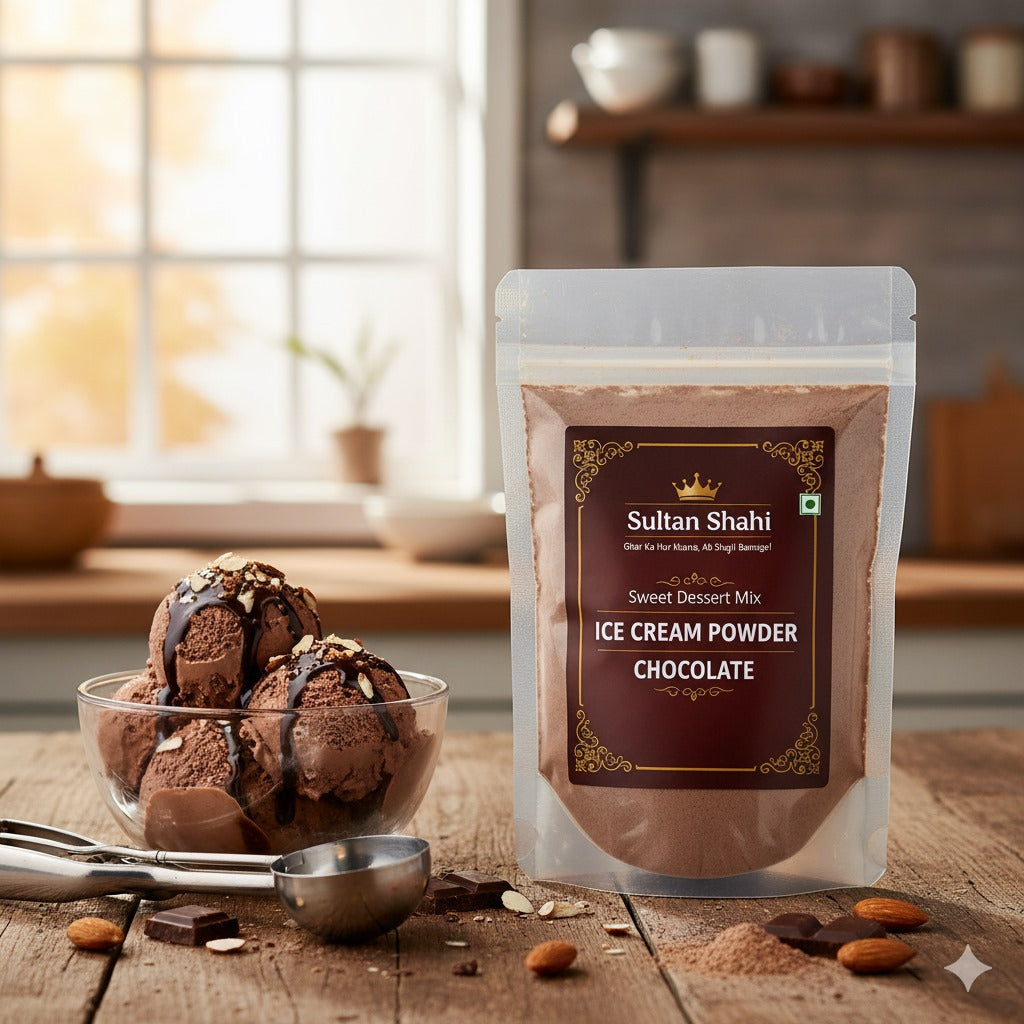 Sultan Shahi Sweet Dessert Mix – Chocolate Ice Cream Powder by Nameer Store & Baking Mart. Rich, creamy chocolate dessert mix for smooth homemade ice cream.