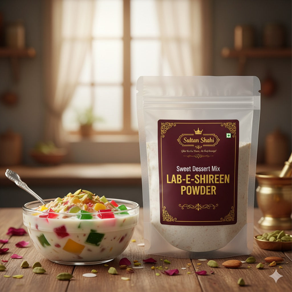 Sultan Shahi Sweet Dessert Mix – Lab-E-Shireen Powder by Nameer Store & Baking Mart. Easy mix to make creamy, fruity Lab-E-Shireen dessert with jellies and nuts at home.