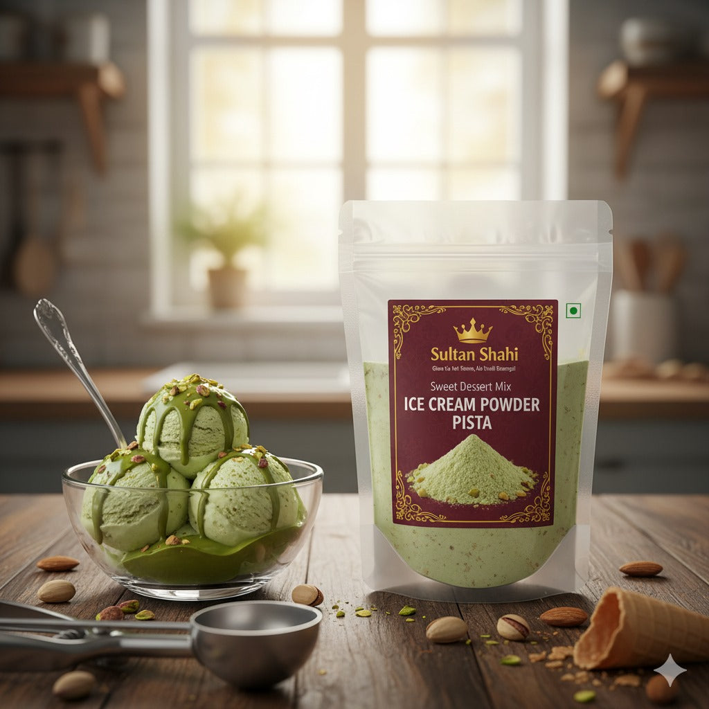 Sultan Shahi Sweet Dessert Mix – Pista Ice Cream Powder by Nameer Store & Baking Mart. Premium pistachio-flavored ice cream mix for smooth, creamy homemade desserts.
