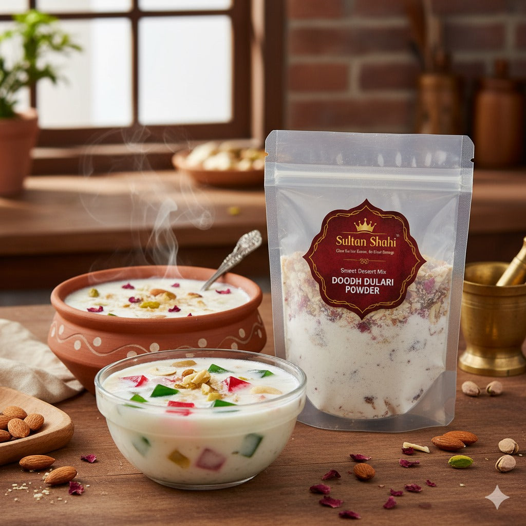 Sultan Shahi Sweet Doodh Dulari Dessert Mix by Nameer Store & Baking Mart. Traditional Indian sweet powder to make creamy Doodh Dulari with jellies and nuts at home.