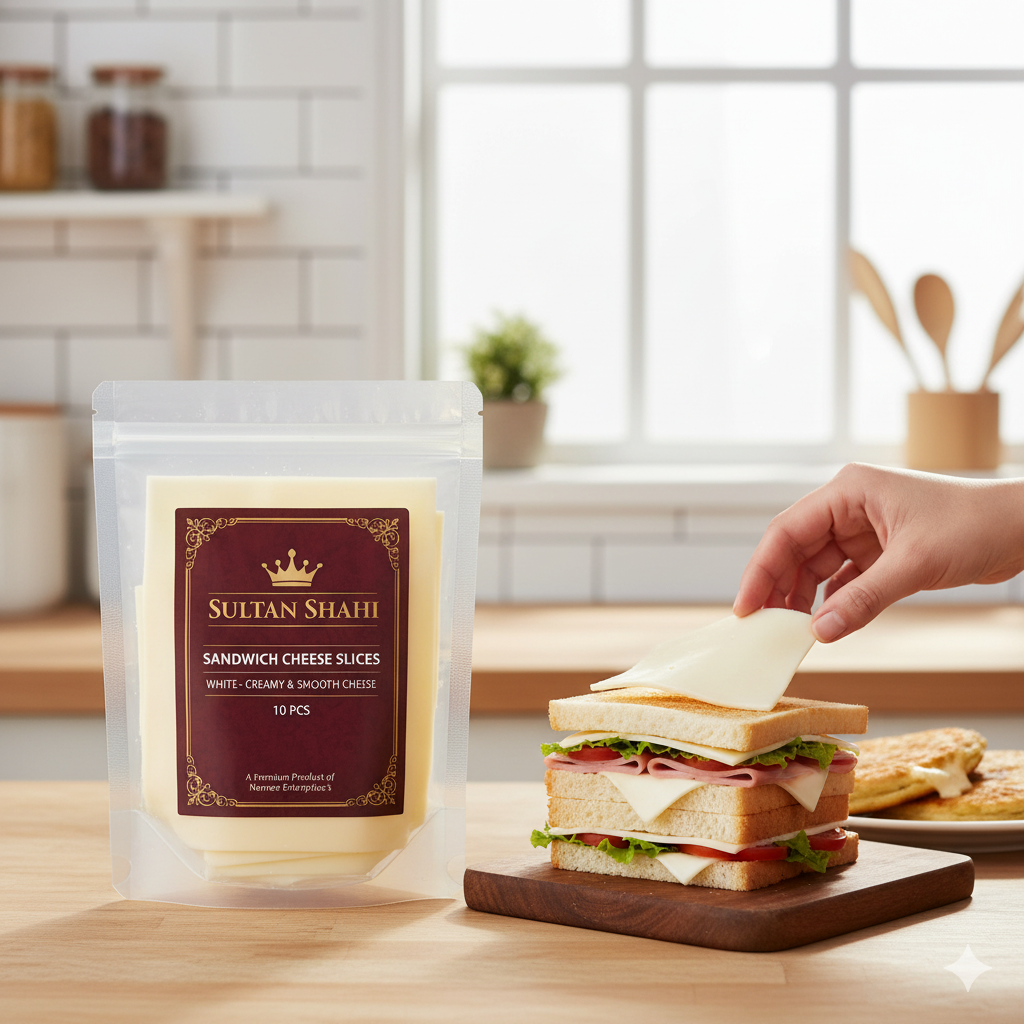 White Sandwich Cheese Slices – creamy, smooth cheese ideal for sandwiches, burgers, and snacks by Nameer Store.